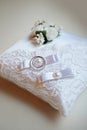 Wedding rings on ring barer pillow Royalty Free Stock Photo