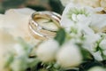 wedding rings with rose flowers  selective focus Royalty Free Stock Photo