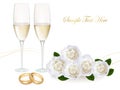 Wedding rings, roses bouquet and champagne. Royalty Free Stock Photo