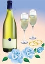 Wedding rings, roses and champagne. Royalty Free Stock Photo