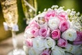 Wedding rings with roses and glasses of champagne Royalty Free Stock Photo