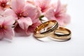 Wedding rings and sakura flowers on white background, closeup, Pink flowers and two golden wedding rings on white background, AI