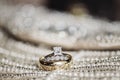 Wedding rings on sequins and pearls Royalty Free Stock Photo