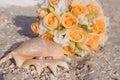 Wedding rings in a shell on the beach Royalty Free Stock Photo