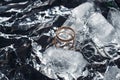 Wedding rings with splashes of water and pieces of ice. Wedding concept Royalty Free Stock Photo