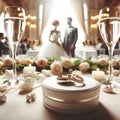 Wedding rings on table with blurred couple