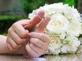 Wedding rings on their fingers people marrieds bride and groom, painted funny little men Royalty Free Stock Photo