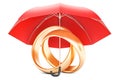 Wedding rings under umbrella, protection of marriage concept. 3D rendering