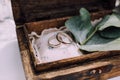 Wedding rings from white gold in a wooden box filled with moss, Royalty Free Stock Photo