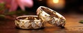 Wedding rings on wooden table. Pair of Gold rings detail