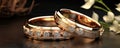 Wedding rings on wooden table. Pair of Gold rings detail