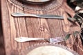 Wedding rings on a wooden table in the woods Royalty Free Stock Photo