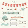 Wedding romantic collection of labels, ribbons, hearts, flowers, arrows, wreaths of laurel vector. Royalty Free Stock Photo