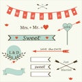 Wedding romantic collection of labels, ribbons, hearts, flowers, arrows, wreaths of laurel vector.