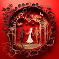 Wedding romantic invitation card with silhouette bride and groom. Applique background. Vector illustration. generative ai Royalty Free Stock Photo