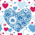 Wedding romantic seamless pattern with hearts, flowers in retro style