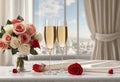 Wedding rose flowers and champagne glasses