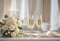 Wedding rose flowers and champagne glasses