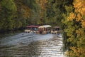 Wedding sailing on boats along the river Saale between beautiful wooded banks, Hull Saale; Germany, 10/13/2018