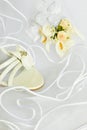 Wedding sandals and flowers over veil Royalty Free Stock Photo