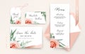 Wedding save the date, menu, rsvp, place card, label floral design. Blush peach Roses, astrania flowers, sage greenery fern, Royalty Free Stock Photo