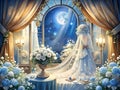 Wedding scene in the window with blue curtains and blue flowers Royalty Free Stock Photo