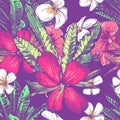 Wedding seamless pattern design with exotic tropical flowers and leave