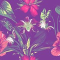 Wedding seamless pattern design with exotic tropical flowers and leaves. vector