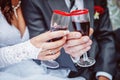 Hands of bride and groom clink glasses with champagne Royalty Free Stock Photo