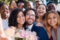 Wedding, selfie and happy friends and family celebrating love of groom and bride at a ceremony or event. Group, portrait