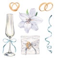 1. Wedding set with lilies, glasses and rings. Isolated on white background. Perfect for greeting cards and invitations