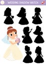 Wedding shadow matching activity with cute brides. Marriage ceremony puzzle with beautiful girl in white dress with bouquet. Find