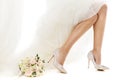 Wedding Shoes Fashion. Cinderella Bride Legs High Heels Beauty. Bridal Footwear and Rose flowers Bouquet over White Background Royalty Free Stock Photo