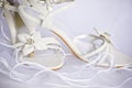 Wedding shoes with flowers over veil Royalty Free Stock Photo