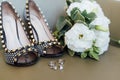 Wedding shoes rings and bouquet marriage wedding Royalty Free Stock Photo