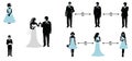 Wedding silhouettes wearing masks. Bride and groom and bridesmaid and groomsmaids with keep distance signs. Royalty Free Stock Photo