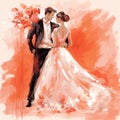 Bright Coral Wedding Sketch On Coral Background In Hand Sketch Style