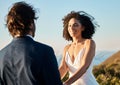 Wedding, smile and couple holding hands at beach in Hawaii on special day in summer. Love, romance and groom groom happy Royalty Free Stock Photo