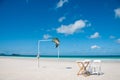 Wedding stage and signing table at peaceful serene scene of vast white sandy beach in Hamilton Island Queensland Australia in Royalty Free Stock Photo