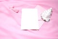 Wedding stationery scene with oyster shell and pink seaweed. Blank 4x6 card, wedding invitation mock up Royalty Free Stock Photo