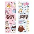 Wedding stickers banners vector illustration. Wedding decoration style. Cakes, outfits for bride and groom, jacket