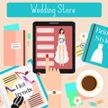 Wedding store concept flat vector illustration. Woman shopping in online shop with her touch pad Royalty Free Stock Photo