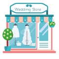 Wedding store facade view. Wedding salon building icon. Boutique shop with fashionable bridal dresses. Vector illustration