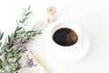 Wedding styled stock photo. Breakfast still life with eucalyptus leaves, limonium, baby`s breath Gypsophila flowers