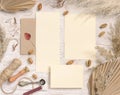 Wedding suite cards and envelope near dried plants, palm leaves and pampas grass Royalty Free Stock Photo
