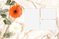 Wedding suite mockups with blank paper, eucalyptus leaves and gerbera