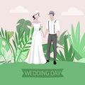 Wedding summer day with bride and bridegroom outdoor on greenery plants background vector illustration. Beautiful bride