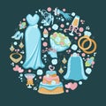 Wedding symbols, bridal dress and veil, cake and rings Royalty Free Stock Photo