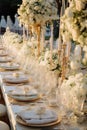 wedding table adorned with a rich and opulent arrangement, radiating elegance and glamour.