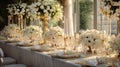 wedding table adorned with a rich and opulent arrangement, radiating elegance and glamour.